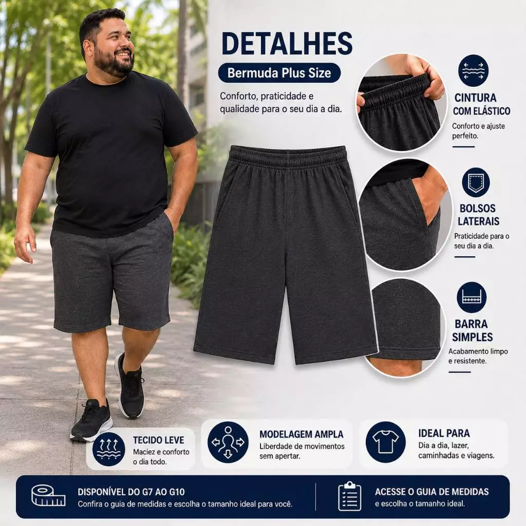 Detalhes da bermuda plus size masculina: elástico na cintura, bolsos laterais e barra simples