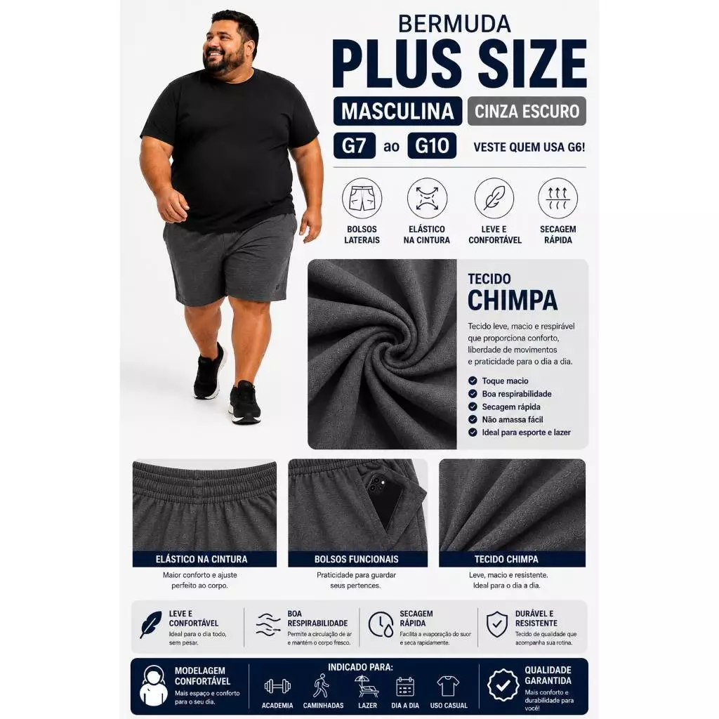 Tecido Chimpa da bermuda plus size masculina: leve, macio, respirável e de secagem rápida